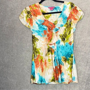 SUNNY Leigh M Medium Top Shirt Cream Floral Cap Sleeve V Neck Ruffled P16